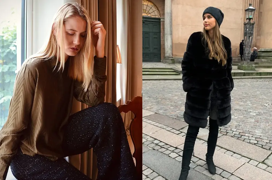 to miljøbilder av modeller i fine vinterlige antrekk, både inne og ute på gata