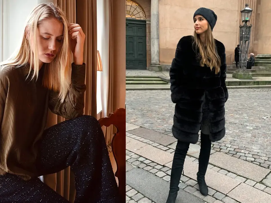 to miljøbilder av modeller i fine vinterlige antrekk, både inne og ute på gata