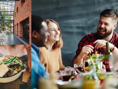 miljøbilder av blide folk som spiser på restaurant