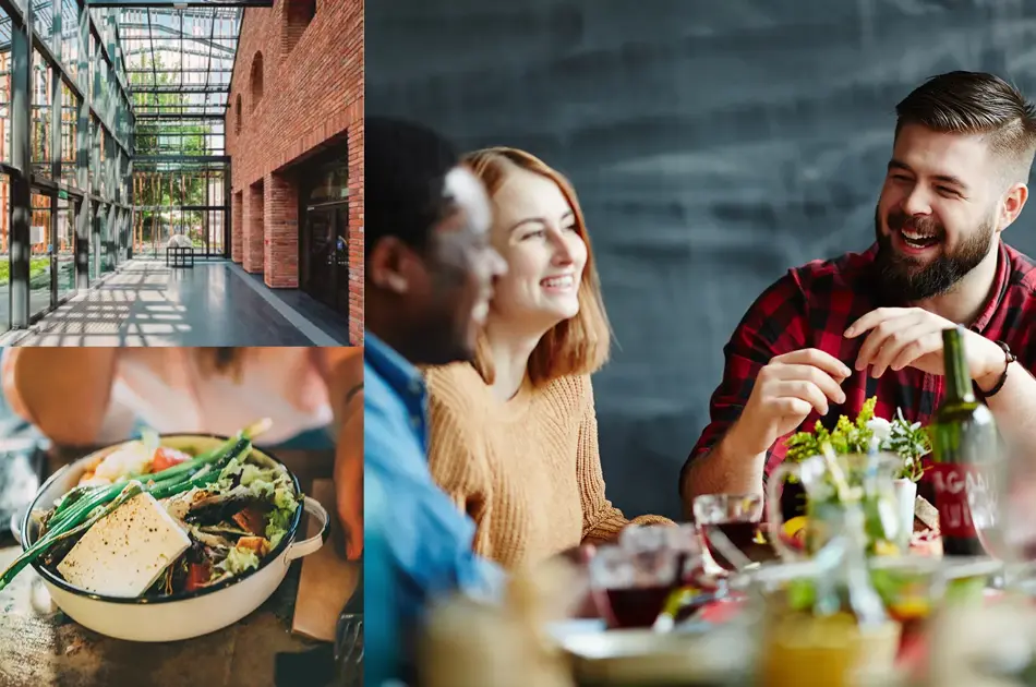 miljøbilder av blide folk som spiser på restaurant
