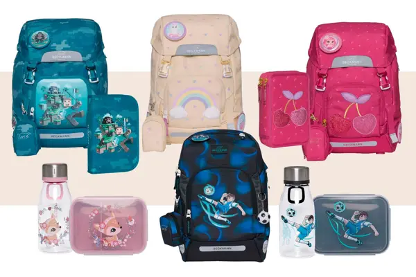 Fire Beckmann-skolesekker til første klasse i grønn, lyse beige, rosa og mørk blå. Pennal i grønn og rosa, drikkeflasker og matbokser.