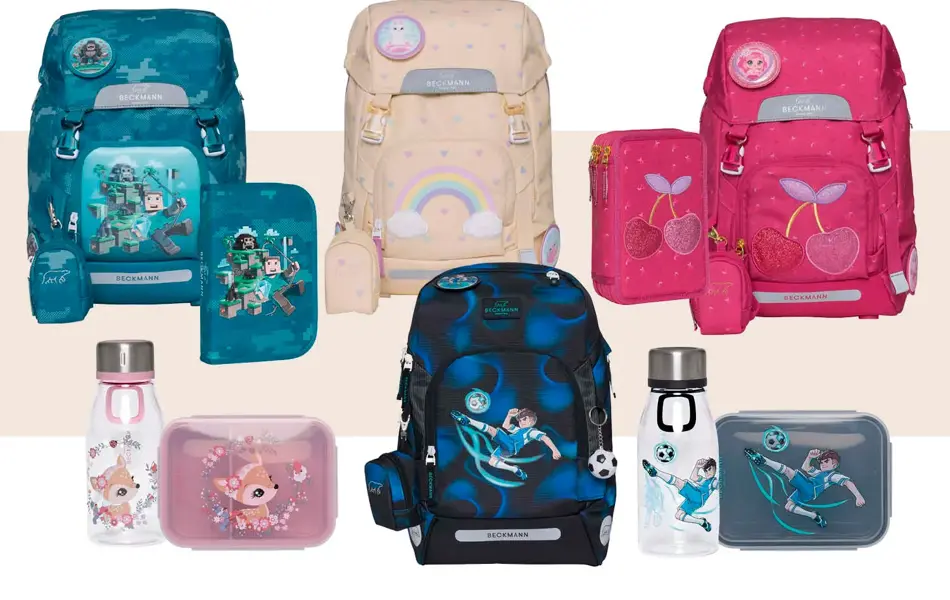 Fire Beckmann-skolesekker til første klasse i grønn, lyse beige, rosa og mørk blå. Pennal i grønn og rosa, drikkeflasker og matbokser.
