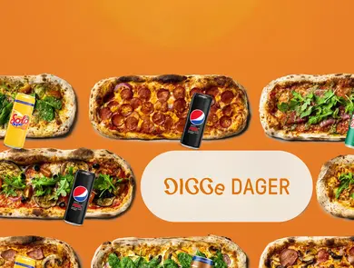 digge dager i tekst med pizzaer og pepsi max bokser på orange bakgrunn
