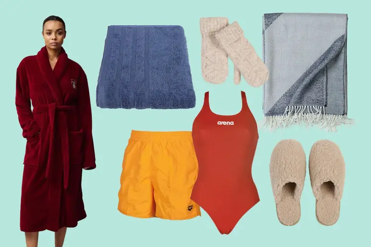 Lexington: Fleece badekåpe, 1.795,- // Intersport: Arena SwimSuit, 749,- // Arena badeshorts 299,- // Kid: Wooly Tøfler 799,90,- // Votter, 249,- // Pledd, 699,- // Hotel Selection Badehåndkle, 399,-