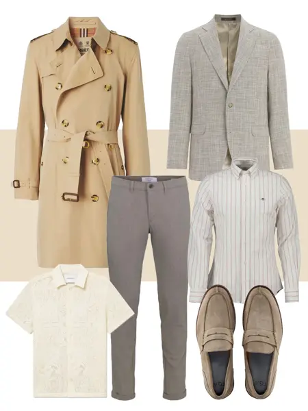 Beige Burberry trenchcoat, lysebrun blazer, lys skjorte med striper, brune semskede loafers, brun penbukse, hvit kortermet skjorte. Alt til herre.
