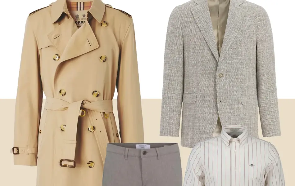 Beige Burberry trenchcoat, lysebrun blazer, lys skjorte med striper, brune semskede loafers, brun penbukse, hvit kortermet skjorte. Alt til herre.