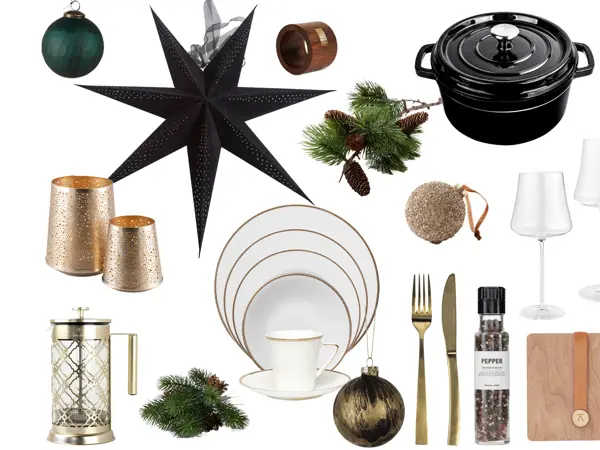 kollasj med adventsstjerne, juletrekuler, lysholdere, bestikk, glass, servise, kjele, granbar