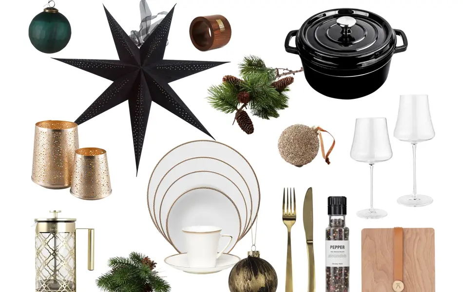 kollasj med adventsstjerne, juletrekuler, lysholdere, bestikk, glass, servise, kjele, granbar