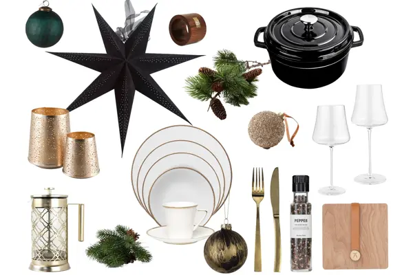 kollasj med adventsstjerne, juletrekuler, lysholdere, bestikk, glass, servise, kjele, granbar