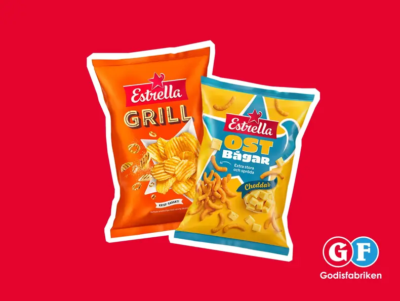 Påsar med Estrella-potatischips och ostsnacks.