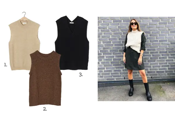 Tre produktbilder av vester og helbilde av ei dame iført vest 