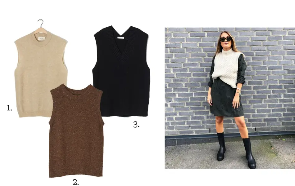 Tre produktbilder av vester og helbilde av ei dame iført vest 