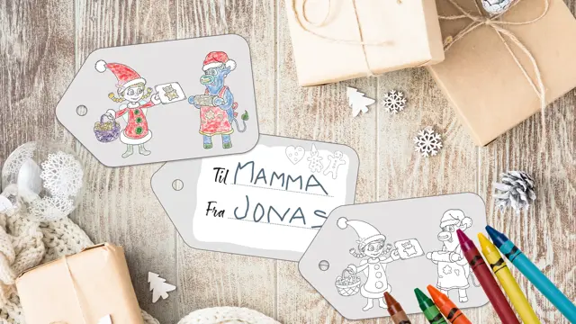 mock-up av til-fra-lapper med amfelia og oskar på