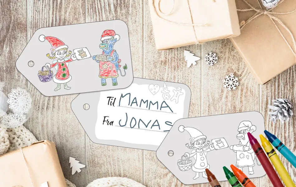 mock-up av til-fra-lapper med amfelia og oskar på