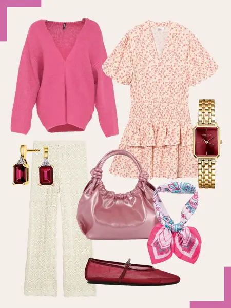 Rosa strikkejakke, småblomstrete kort kjole, gullklokke med burgunder urskive, øredobber med burgunder stener, hvit strikket bukse, rosa metallisk veske, rosa mønstret skjerf, rød ballerinasko.