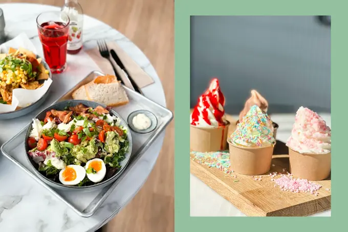 Marmorbord med lunsjretter, og glass med saft. Trefjøl med fire softis i beger.