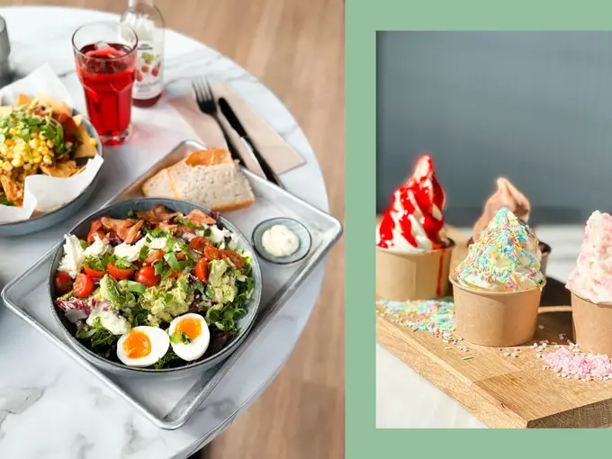 Marmorbord med lunsjretter, og glass med saft. Trefjøl med fire softis i beger.