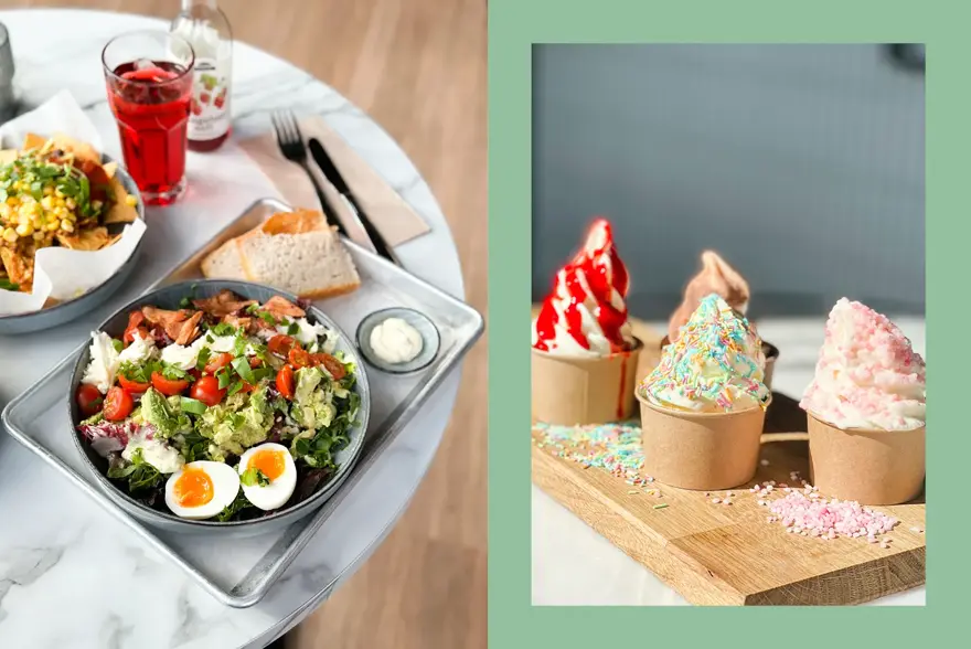 Marmorbord med lunsjretter, og glass med saft. Trefjøl med fire softis i beger.