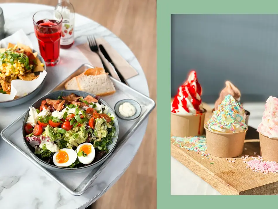 Marmorbord med lunsjretter, og glass med saft. Trefjøl med fire softis i beger.