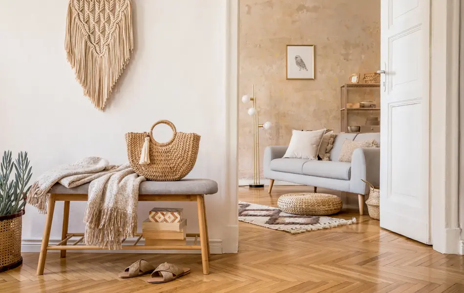 Modern retro interior of living room with stylish furniture and elegant personal accessories in modern home decor.