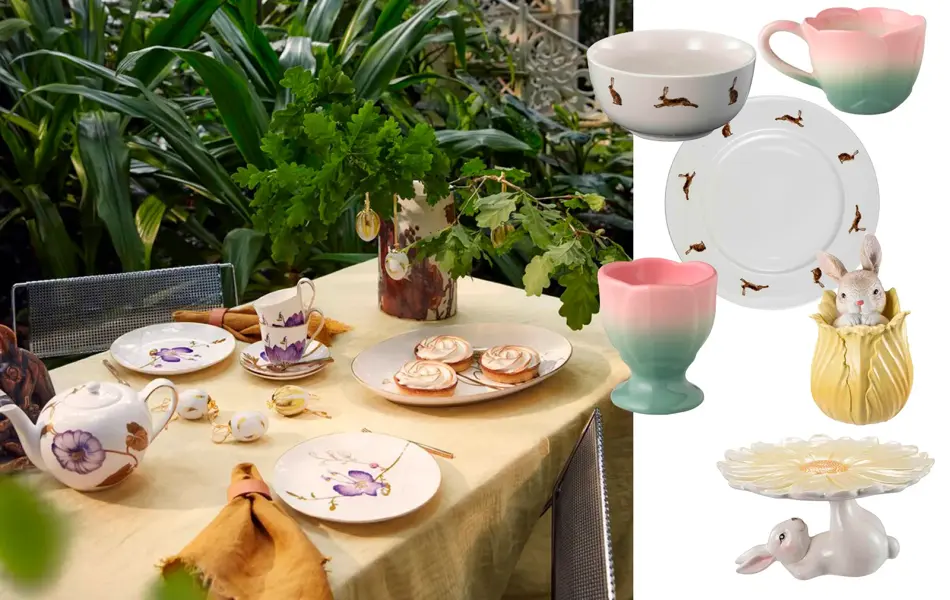 Bord dekket med servise, gul duk, blomster og pynt. Bolle og tallerken med kaniner, eggeholder, kopp, kaninpynt, kaninfat.