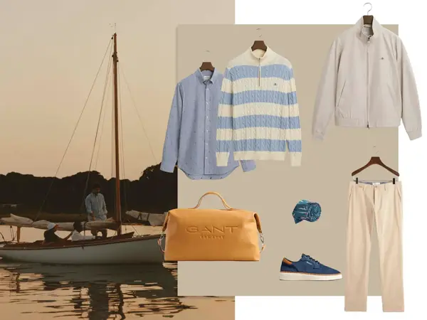 Blå skjorte, blå og hvitstripete polo-skjorte, grå jakke, weekendbag, slips, chinos og blå sneakers.
