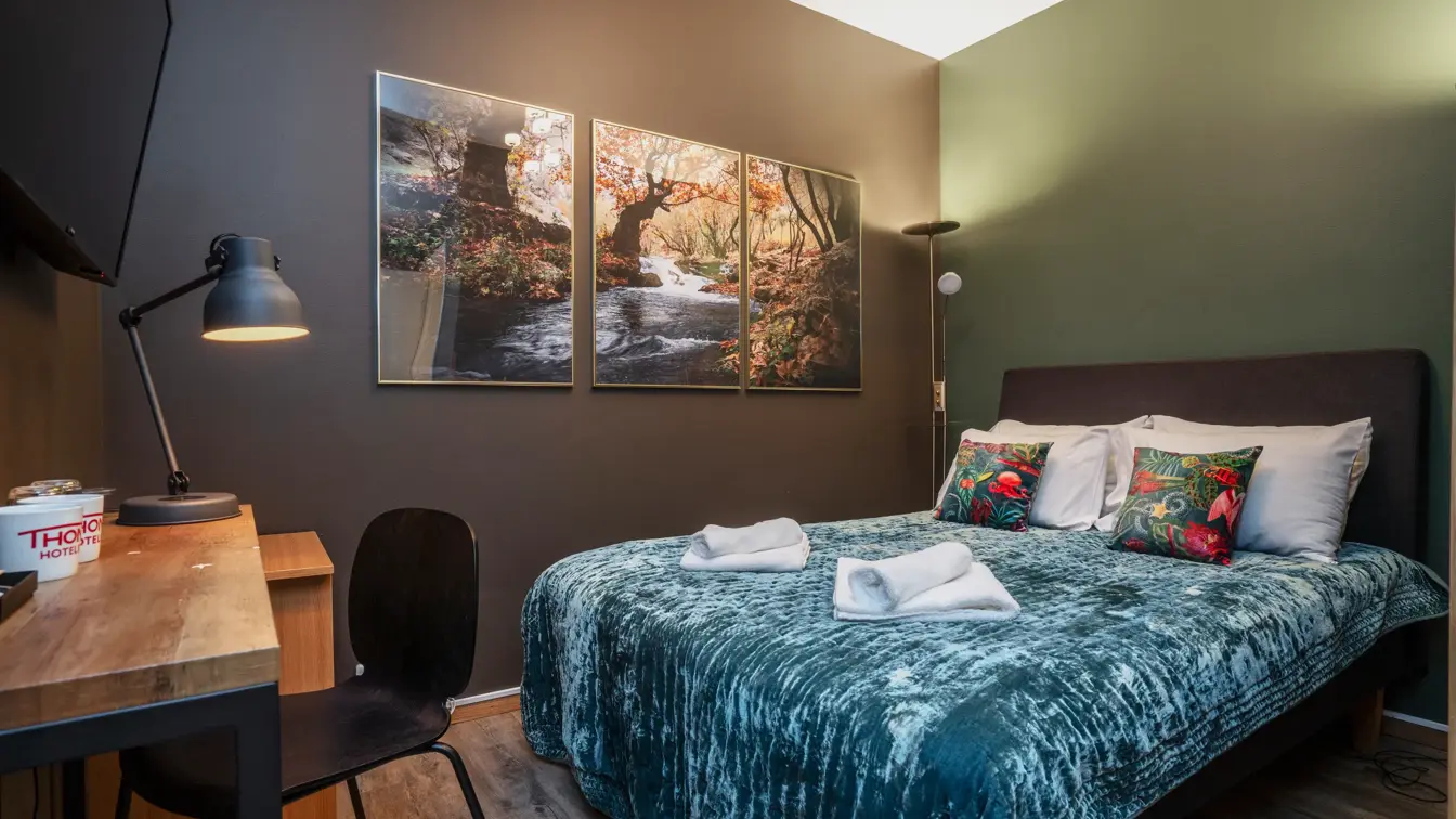 Dobbeltrom uten vindu, med dobbeltseng, skrivebord, TV og parkettgulv.