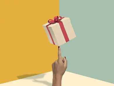 Illustrasjon av firekantet gaveboks med rød sløyfe som balanserer på en finger