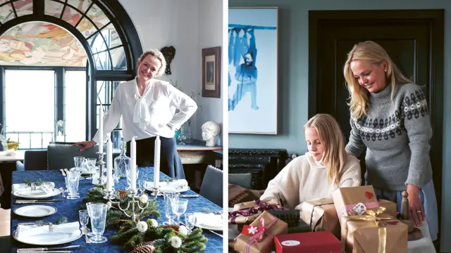 kollasj av kvinne som lener seg til stol ved spisebord og mor og datter ved gavebort