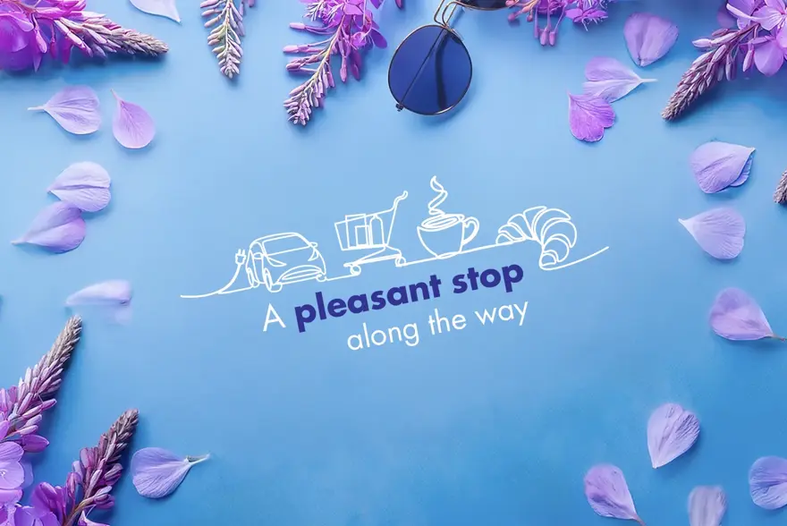 Grafisk blått bilde med blomster og tekste "A pleasant stop along the way"