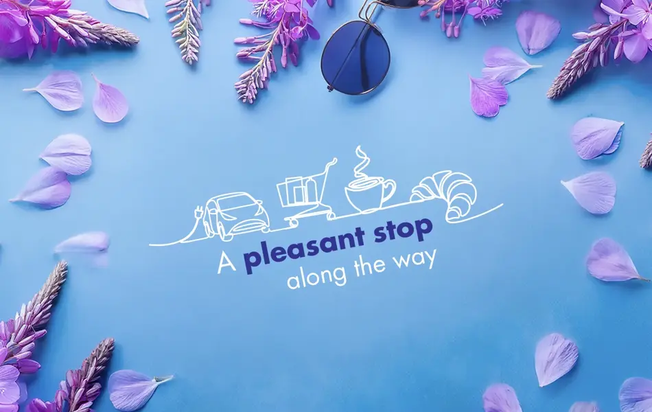Grafisk blått bilde med blomster og tekste "A pleasant stop along the way"