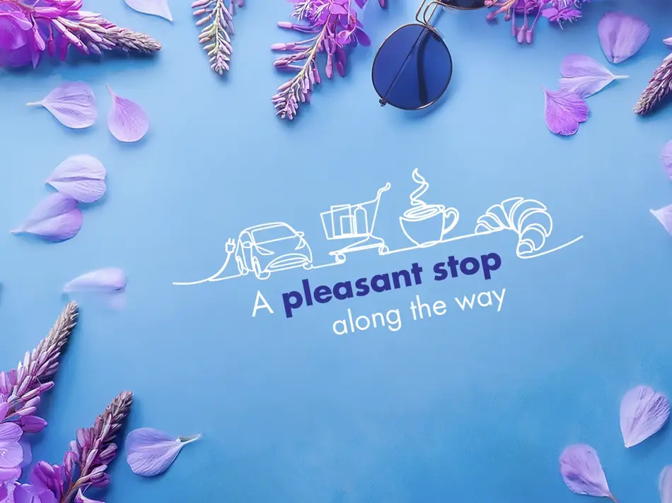 Grafisk blått bilde med blomster og tekste "A pleasant stop along the way"