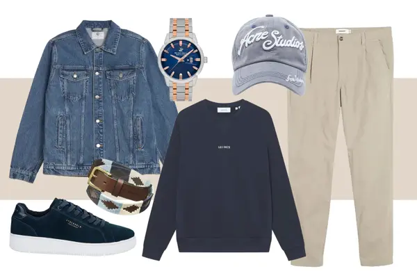 Olajakke, klokke meg blå skive, blå caps, beige chinos, blå collegegenser, belte, blå sneakers.