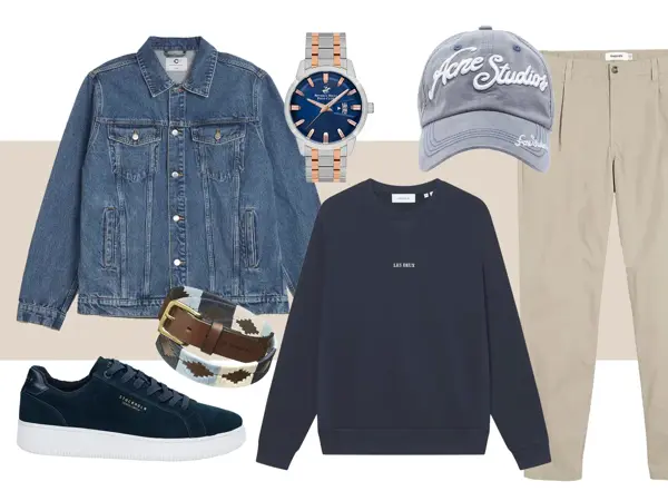 Olajakke, klokke meg blå skive, blå caps, beige chinos, blå collegegenser, belte, blå sneakers.