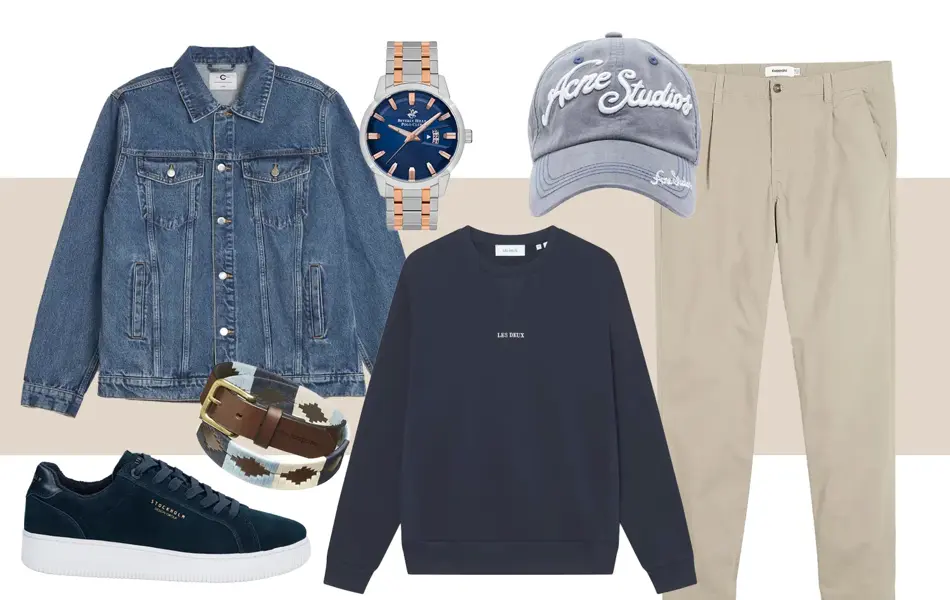 Olajakke, klokke meg blå skive, blå caps, beige chinos, blå collegegenser, belte, blå sneakers.