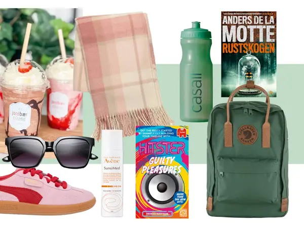 Tre milkshake på en trefjøl, rosa-rutete pledd, grønn drikkeflaske, Anders De La Motte bok, grønn Fjällräven sekk, Hitster Guilty Pleasure, solkrem, rosa og rød sneakers, sorte solbriller.