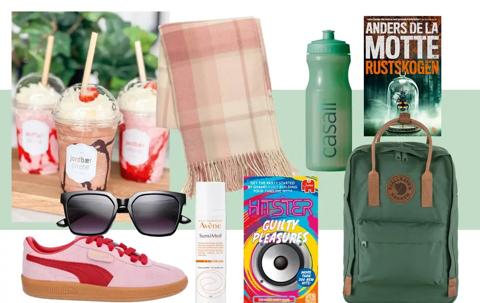 Tre milkshake på en trefjøl, rosa-rutete pledd, grønn drikkeflaske, Anders De La Motte bok, grønn Fjällräven sekk, Hitster Guilty Pleasure, solkrem, rosa og rød sneakers, sorte solbriller.