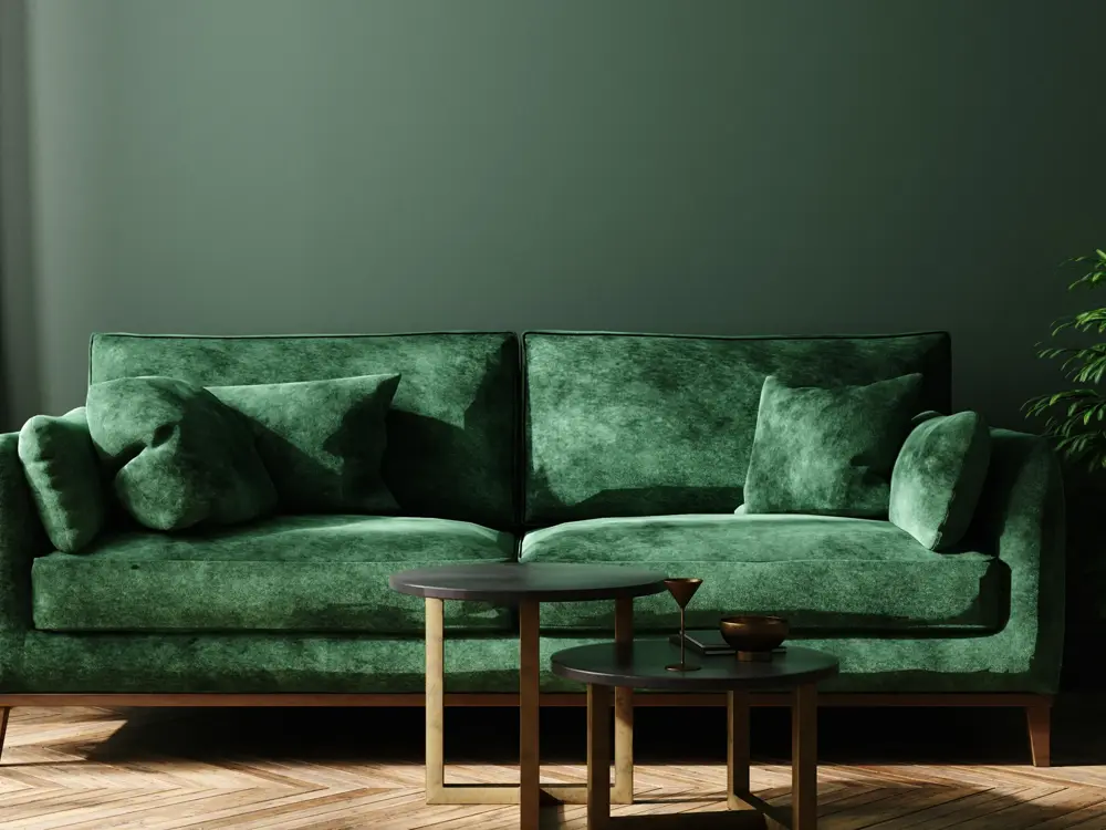 Home interior mock-up with green sofa, table and decor in living room, 3d render