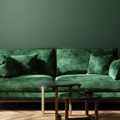 Home interior mock-up with green sofa, table and decor in living room, 3d render