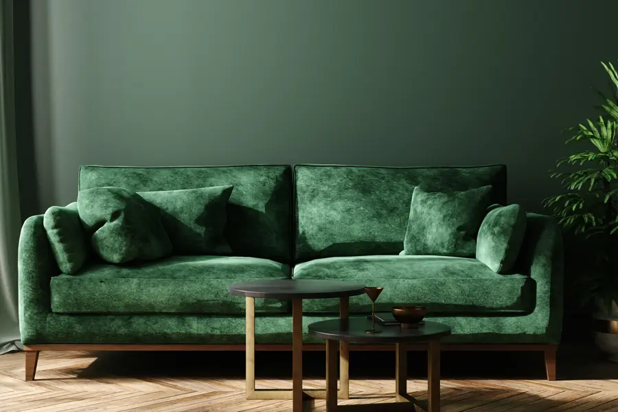 Home interior mock-up with green sofa, table and decor in living room, 3d render