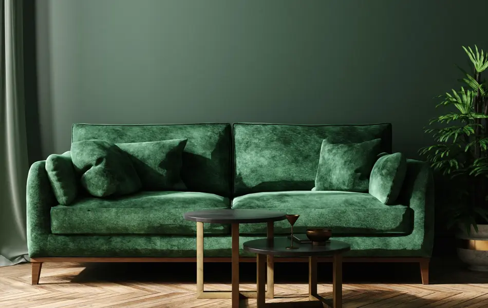 Home interior mock-up with green sofa, table and decor in living room, 3d render