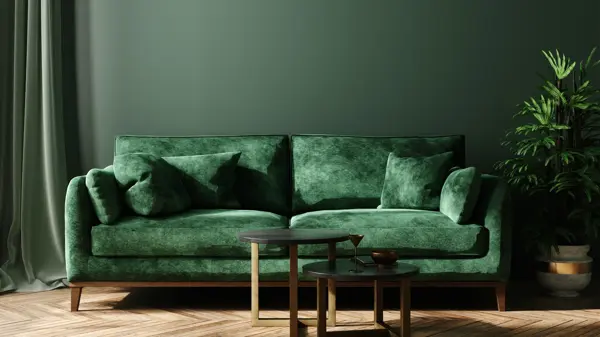 Home interior mock-up with green sofa, table and decor in living room, 3d render