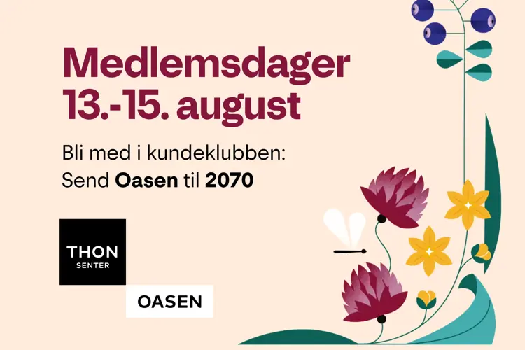 Grafisk bilde som viser blomster, inkl. tekst "Medlemsdager 13.-15. august."