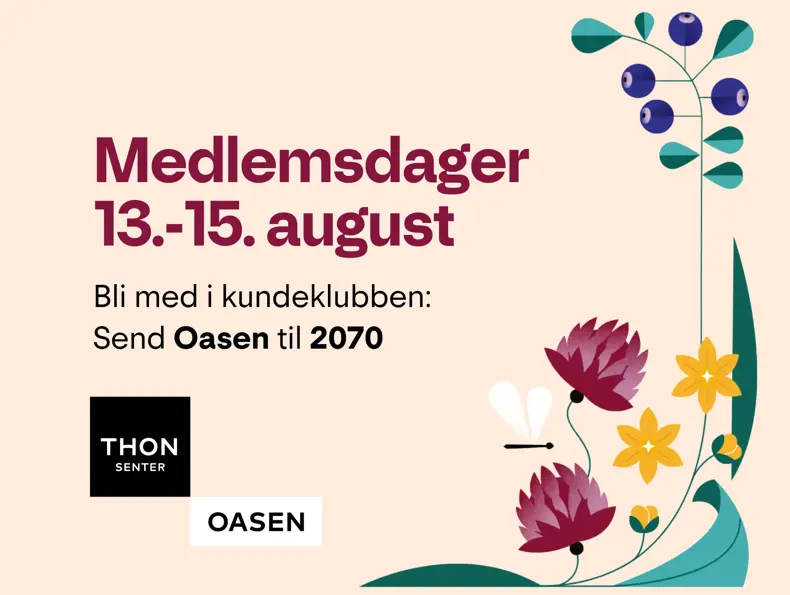 Grafisk bilde som viser blomster, inkl. tekst "Medlemsdager 13.-15. august."