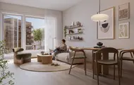 Leilighet, innredet stue/spisestue, dame sitter i sofa