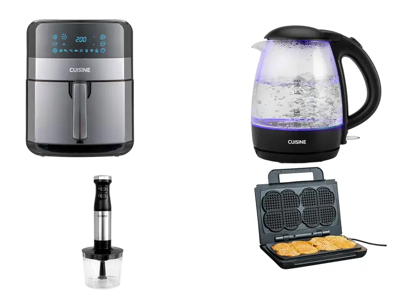 Utvalg av kjøkkenapparater fra Cuisine, inkludert airfryer, vannkoker og vaffeljern