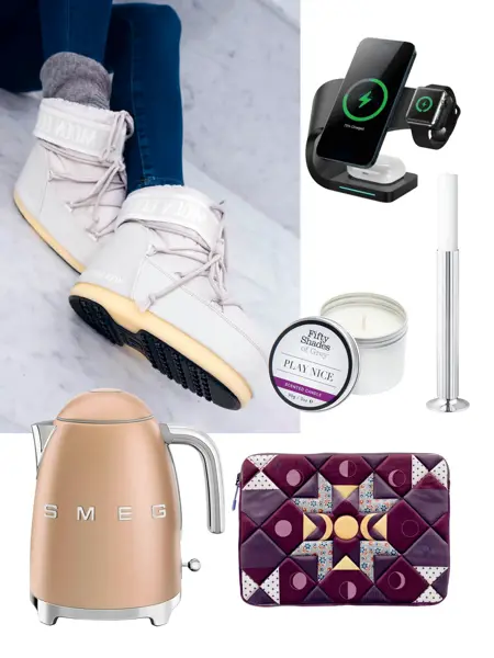 Ben med moonboots, ladestativ, duftlys, gulvlysestaker, Smeg vannkoker og PC-etui.