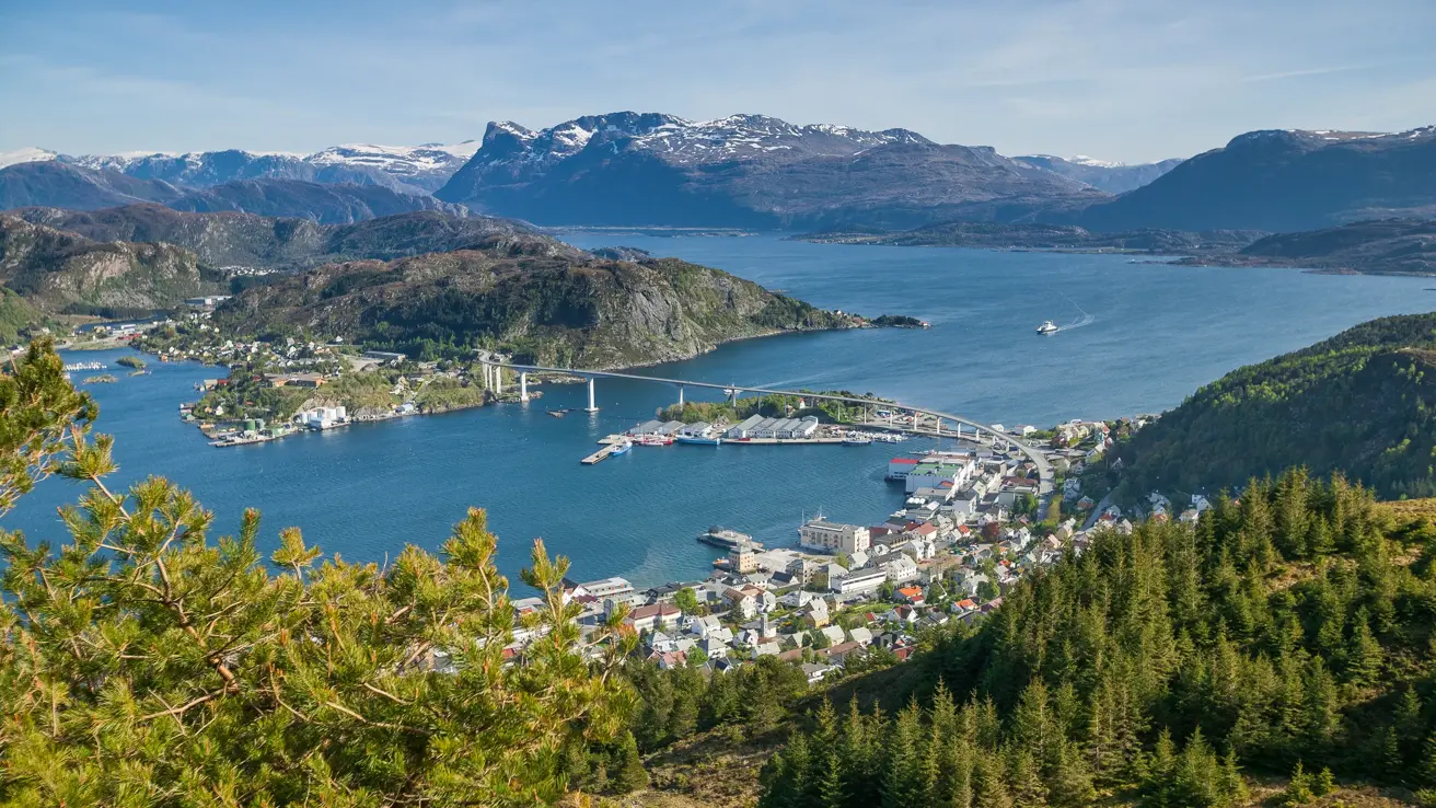aerial landscape view on city of Måløy, port to stattlandet, the norwegian west cape, Norway