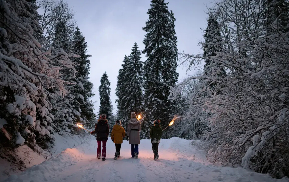 Mother and three kids hiking in beautiful winter forest at late evening. Kids are holding flaming torches.
Show with Canon R5