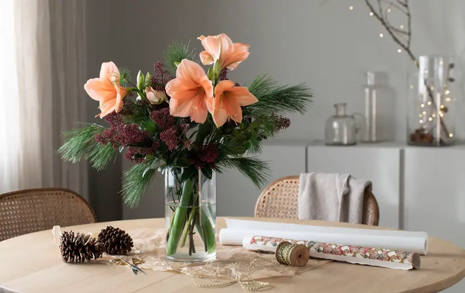 Vase med bukett av amaryllis og grønne grener.
